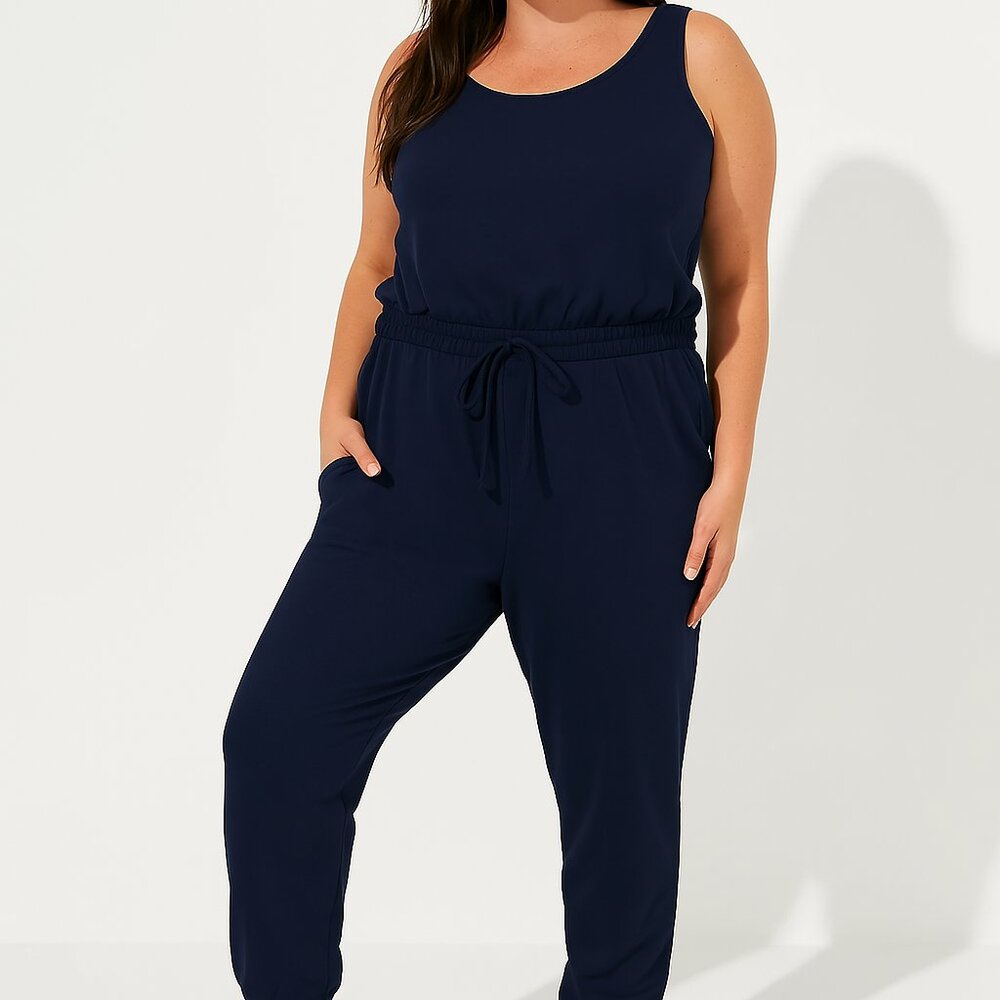 Torrid Plus Stretch Woven Active Navy Jumpsuit Surplice Back